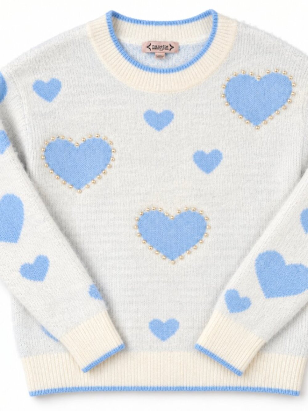 Nanette Lepore Fuzzy Blue Heart Pearl Sweater Coquette Medium